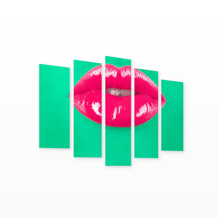 Green Skin and Pink Lips with Geometric Rhythm — five-panel wall art on white background in perspective | 5wallart 51959 M1