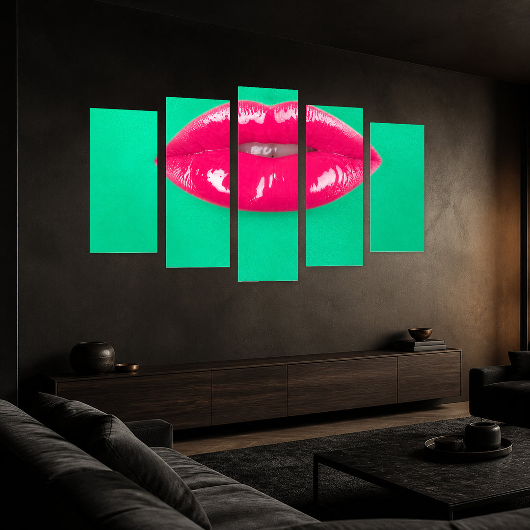 Green Skin and Pink Lips with Geometric Rhythm — five-panel wall art in perspective interior | 5wallart 51959 M2