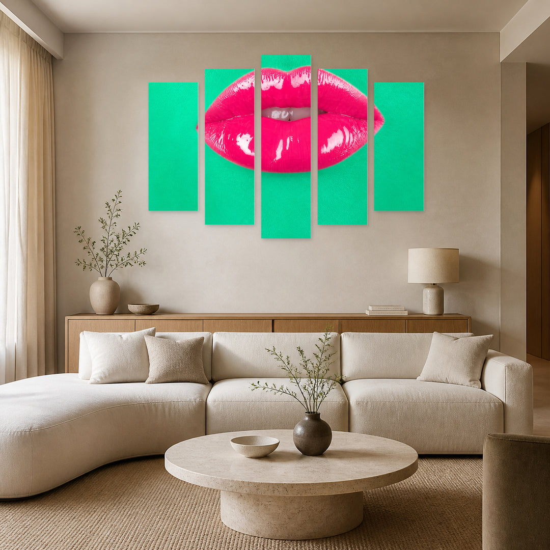 Green Skin and Pink Lips with Geometric Rhythm — five-panel wall art in frontal interior | 5wallart 51959 M3