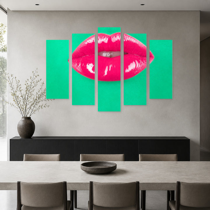 Green Skin and Pink Lips with Geometric Rhythm — five-panel wall art in alternate frontal interior | 5wallart 51959 M4