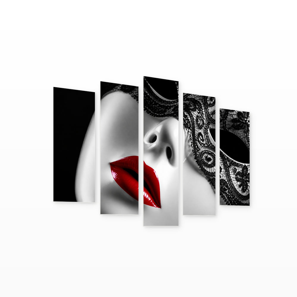Vintage Red Glossy Lips with Geometric Rhythm — five-panel wall art on white background in perspective | 5wallart 51961 M1
