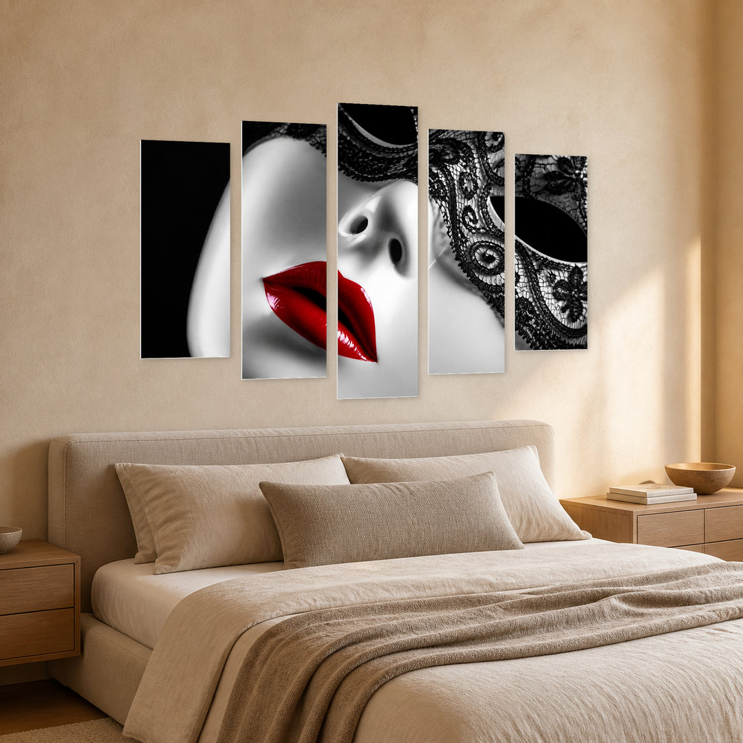 Vintage Red Glossy Lips with Geometric Rhythm — five-panel wall art in perspective interior | 5wallart 51961 M2