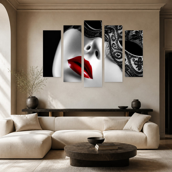 Vintage Red Glossy Lips with Geometric Rhythm — five-panel wall art in frontal interior | 5wallart 51961 M3