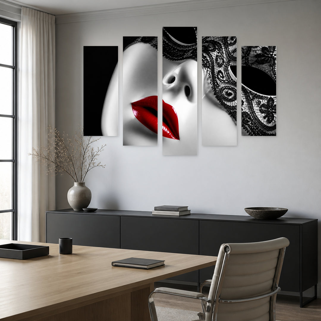 Vintage Red Glossy Lips with Geometric Rhythm — five-panel wall art in alternate frontal interior | 5wallart 51961 M4