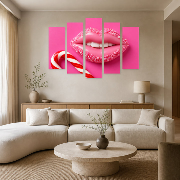 Candy-colored Lips in Soft Pastels — five-panel wall art in alternate frontal interior | 5wallart 51962 M4