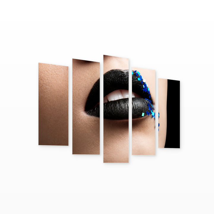 Macro Photo of Black Lips with Dramatic Contrast — five-panel wall art on white background in perspective | 5wallart 51963 M1