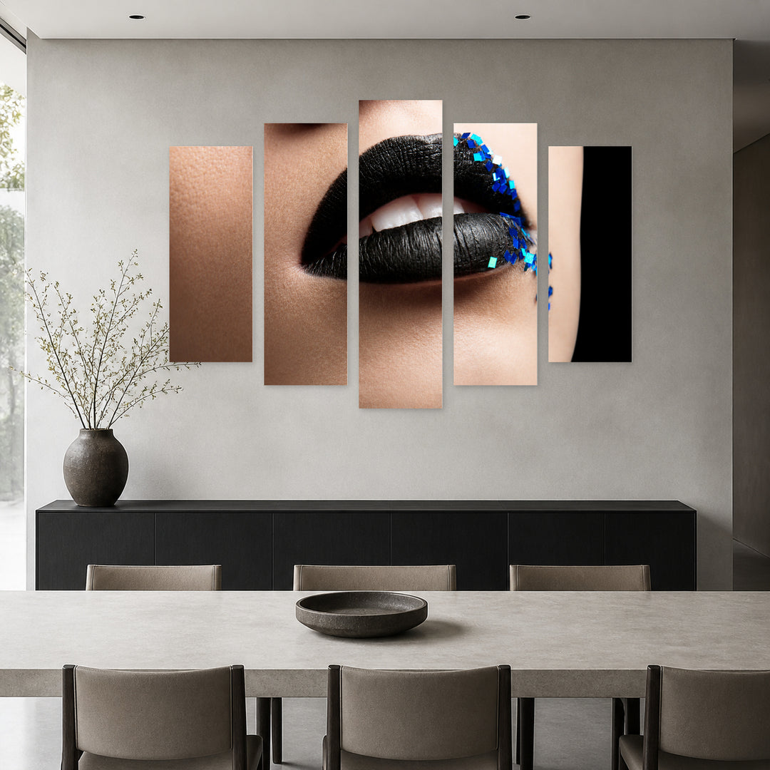 Macro Photo of Black Lips with Dramatic Contrast — five-panel wall art in alternate frontal interior | 5wallart 51963 M4