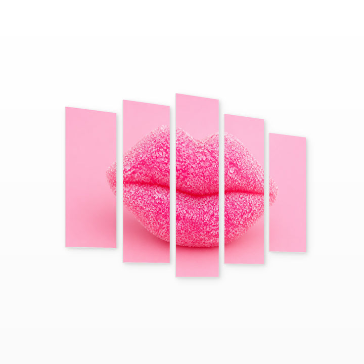 Lips with Pink Sugar with Dramatic Contrast — five-panel wall art on white background in perspective | 5wallart 51964 M1
