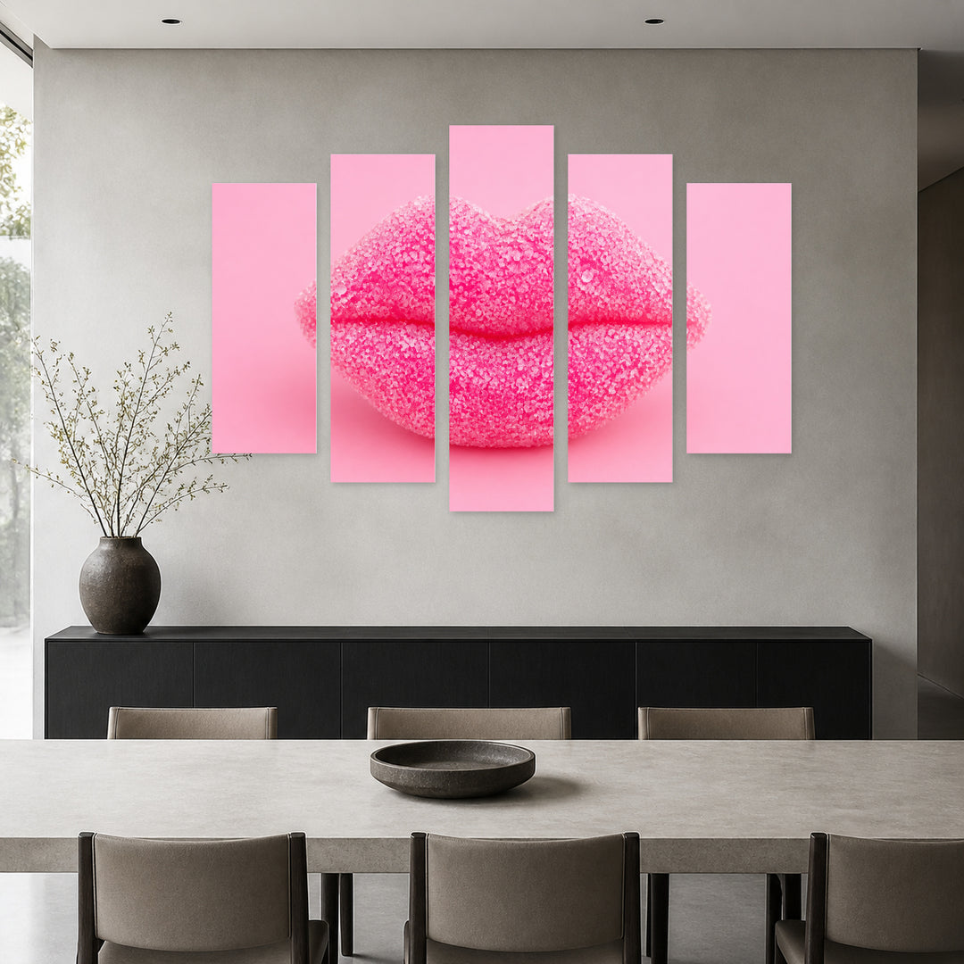 Lips with Pink Sugar with Dramatic Contrast — five-panel wall art in frontal interior | 5wallart 51964 M3