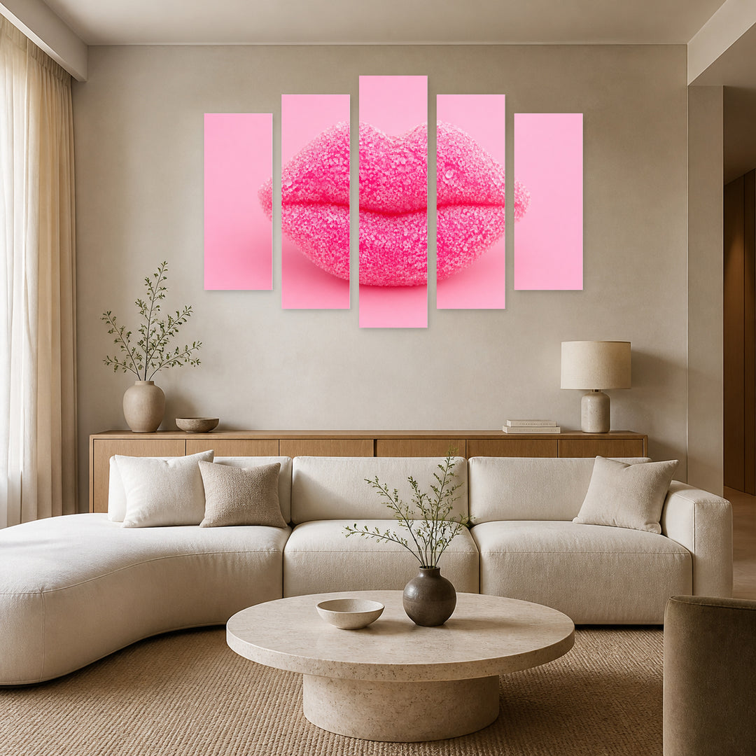 Lips with Pink Sugar with Dramatic Contrast — five-panel wall art in alternate frontal interior | 5wallart 51964 M4