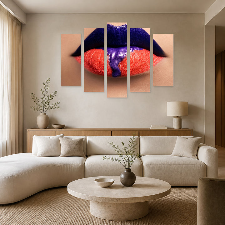 Close-up Portrait of Lips with Geometric Rhythm — five-panel wall art in frontal interior | 5wallart 51965 M3