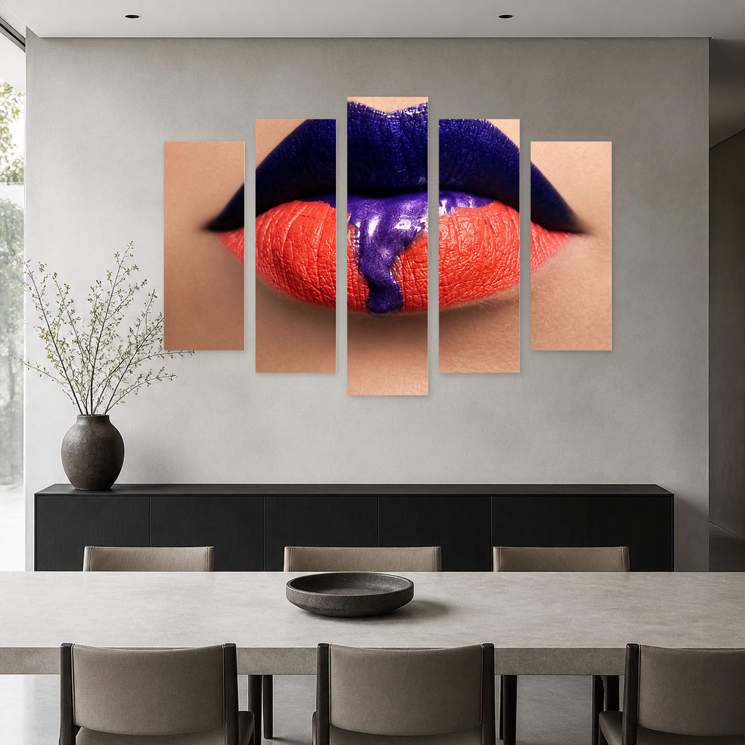 Close-up Portrait of Lips with Geometric Rhythm — five-panel wall art in alternate frontal interior | 5wallart 51965 M4