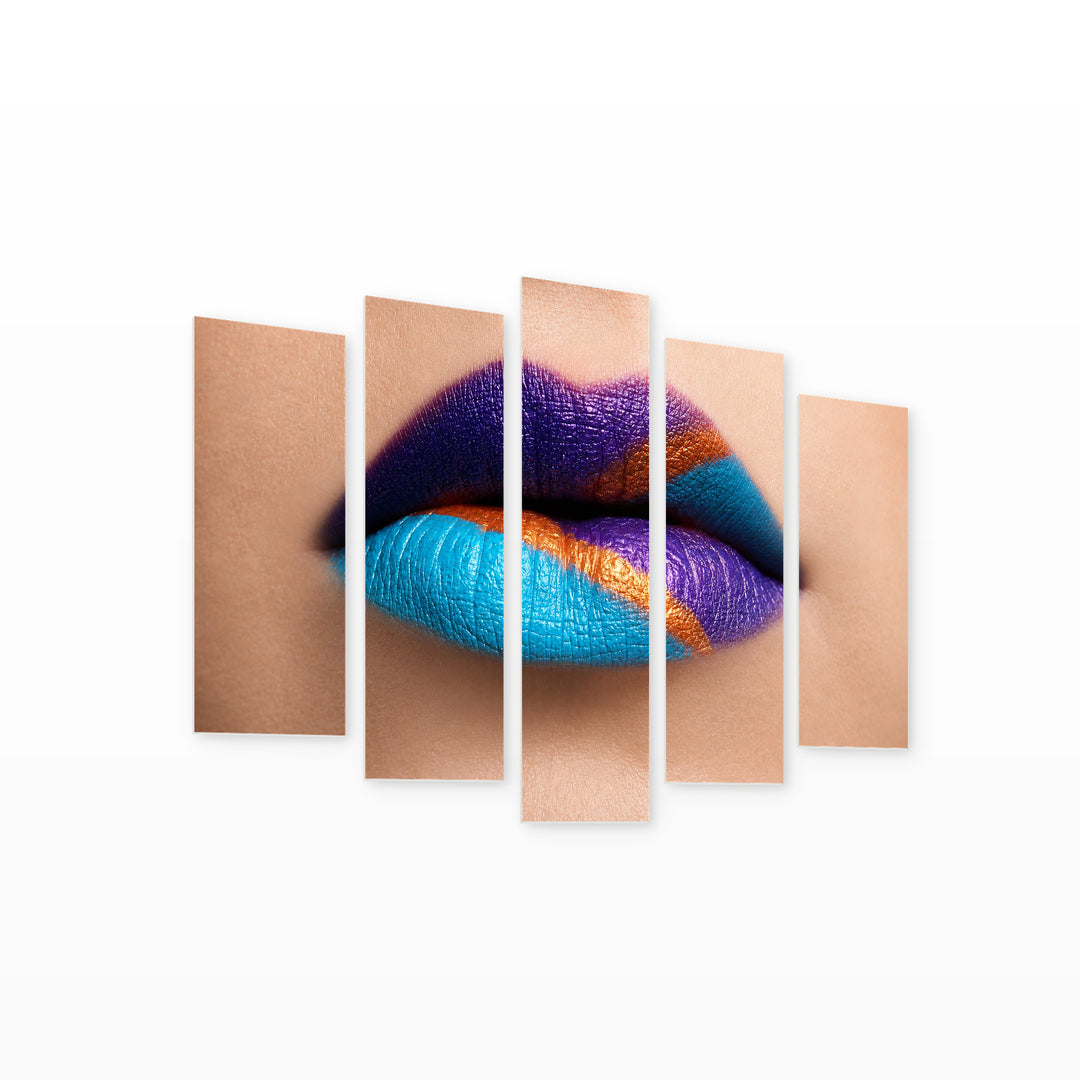 Close-up Portrait of Colorful Lips with Dramatic Contrast — five-panel wall art on white background in perspective | 5wallart 51966 M1