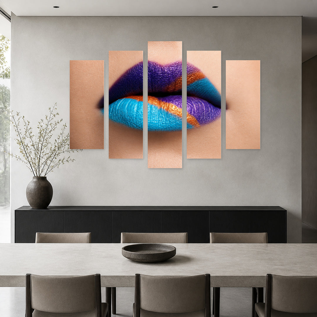 Close-up Portrait of Colorful Lips with Dramatic Contrast — five-panel wall art in frontal interior | 5wallart 51966 M3