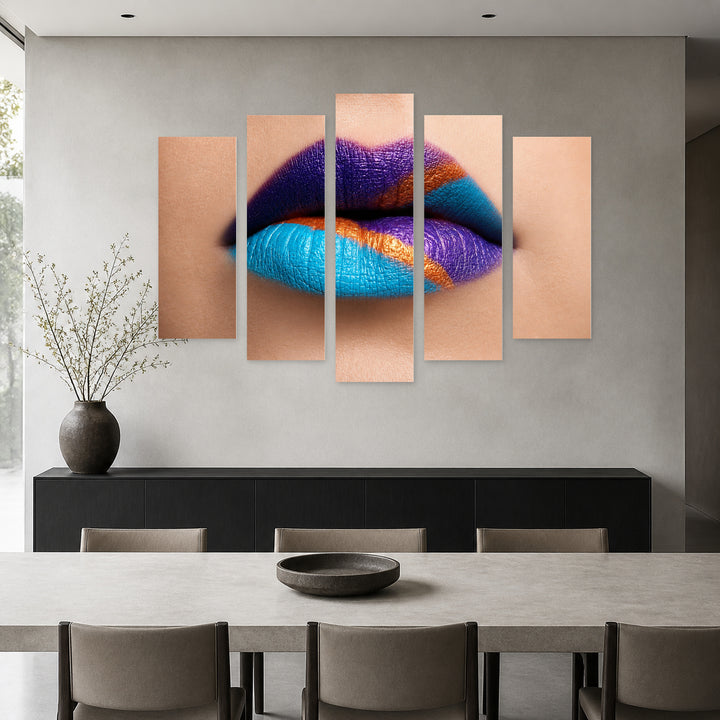 Close-up Portrait of Colorful Lips with Dramatic Contrast — five-panel wall art in frontal interior | 5wallart 51966 M3