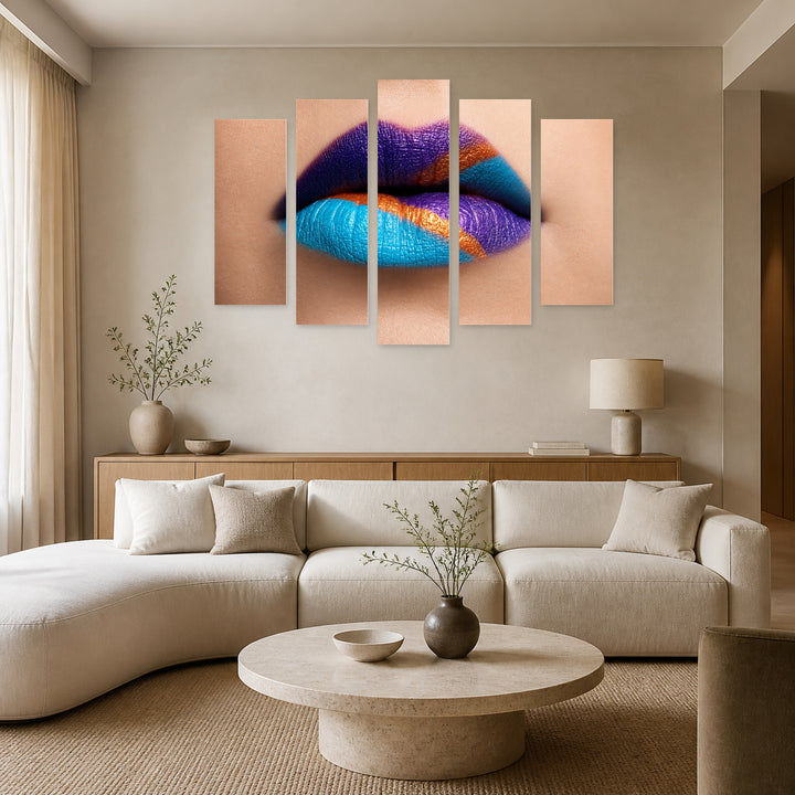 Close-up Portrait of Colorful Lips with Dramatic Contrast — five-panel wall art in alternate frontal interior | 5wallart 51966 M4