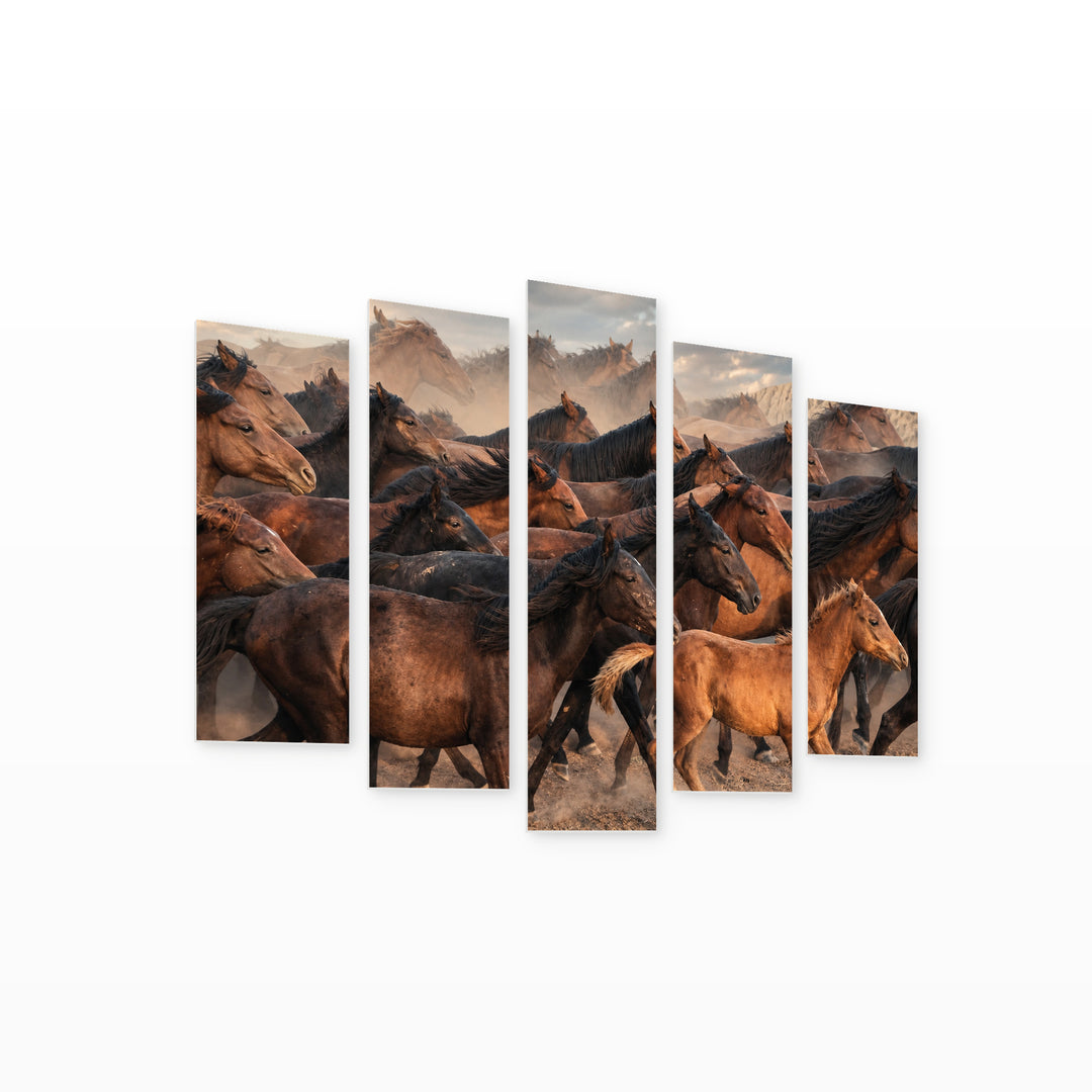 Horses Running in the Dust Wildlife Portrait — five-panel wall art on white background in perspective | 5wallart 51967 M1