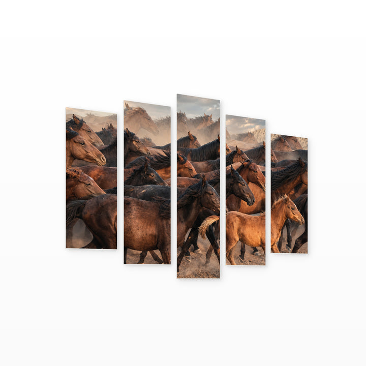 Horses Running in the Dust Wildlife Portrait — five-panel wall art on white background in perspective | 5wallart 51967 M1