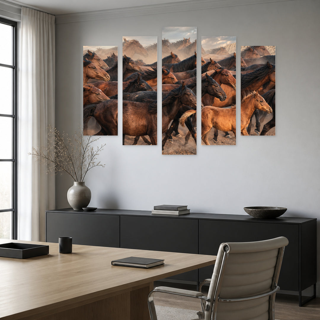 Horses Running in the Dust Wildlife Portrait — five-panel wall art in alternate frontal interior | 5wallart 51967 M4