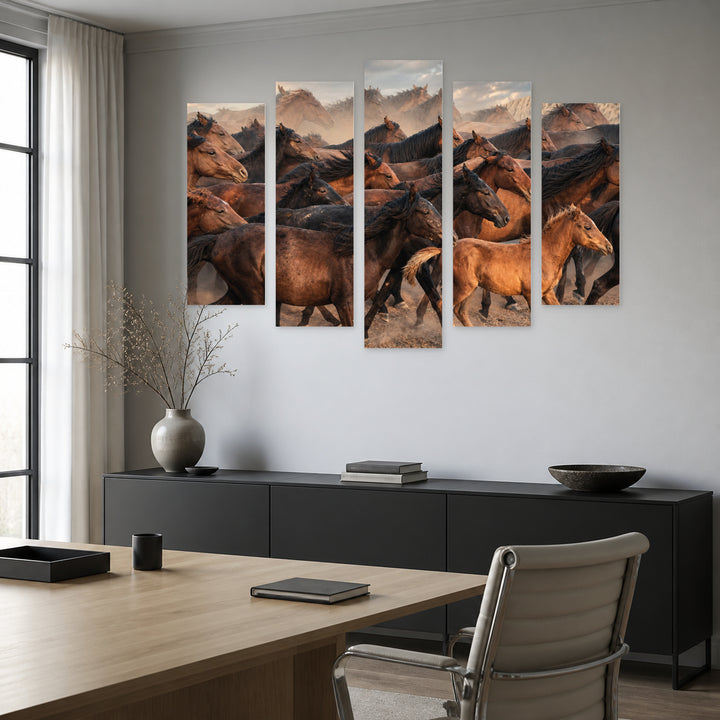 Horses Running in the Dust Wildlife Portrait — five-panel wall art in alternate frontal interior | 5wallart 51967 M4