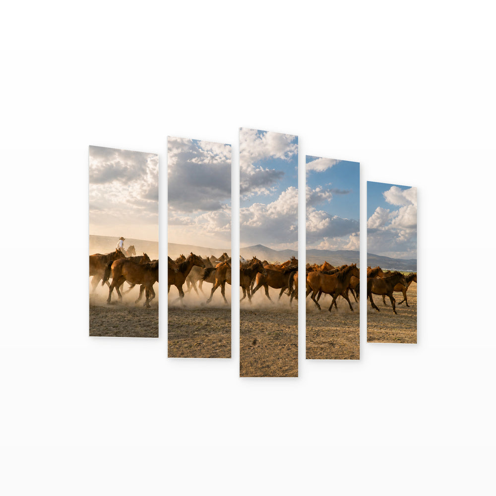 Horses Galloping in a Group in Vivid Color — five-panel wall art on white background in perspective | 5wallart 51974 M1