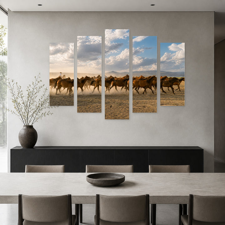 Horses Galloping in a Group in Vivid Color — five-panel wall art in frontal interior | 5wallart 51974 M3