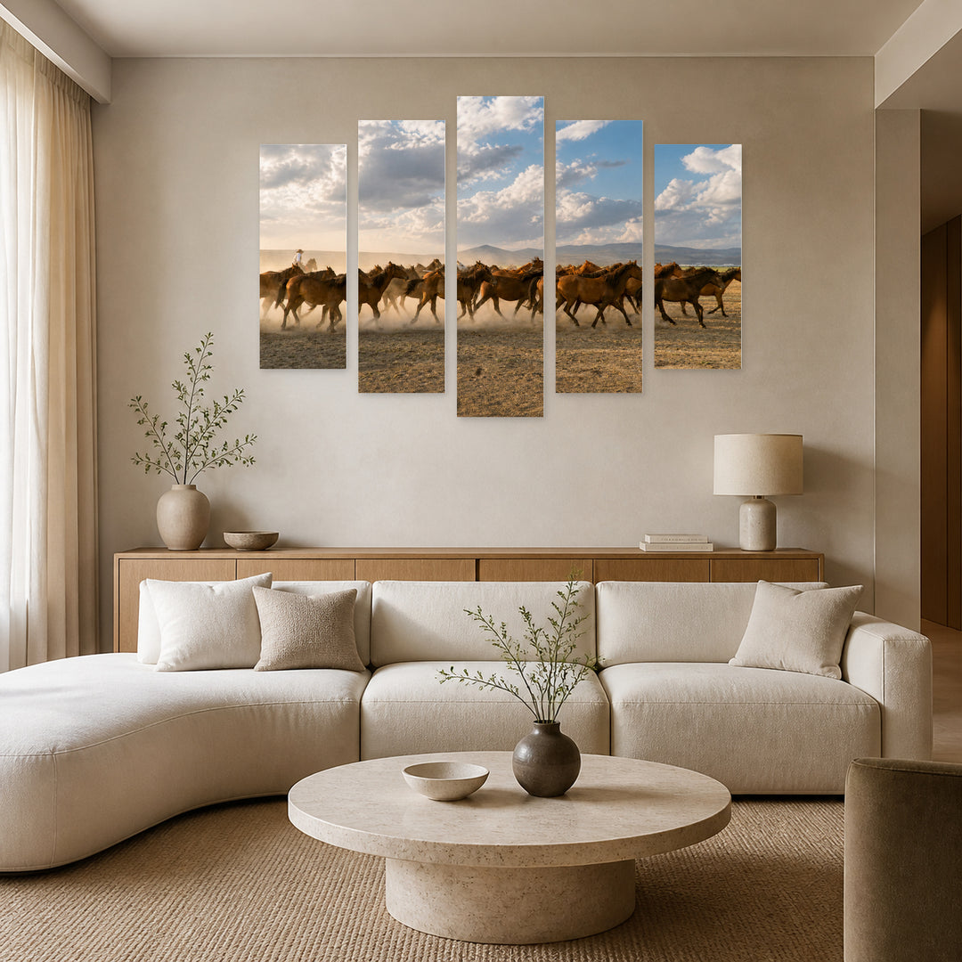 Horses Galloping in a Group in Vivid Color — five-panel wall art in alternate frontal interior | 5wallart 51974 M4