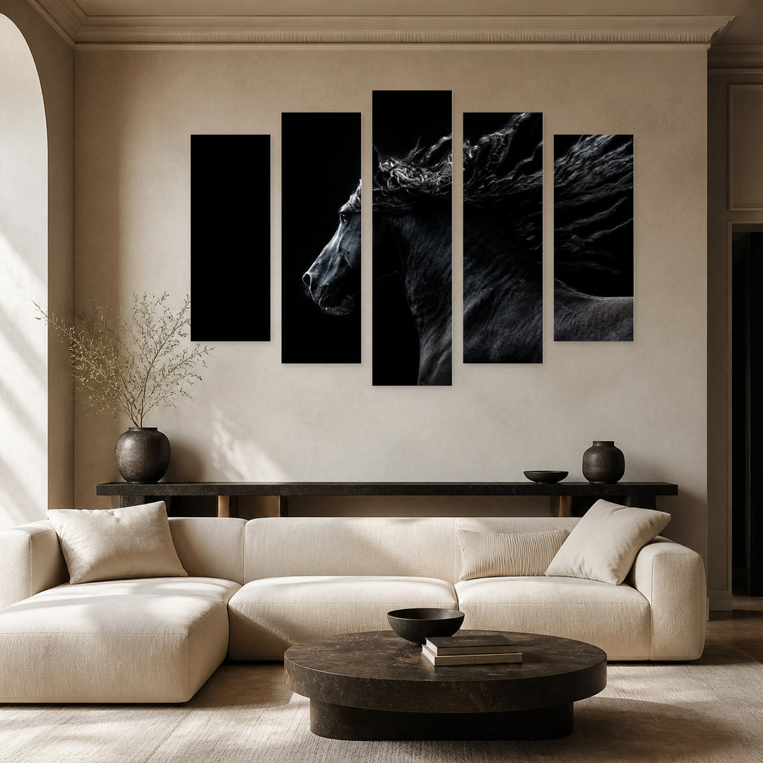 Black Horse at Night — five-panel wall art in frontal interior | 5wallart 51981 M3