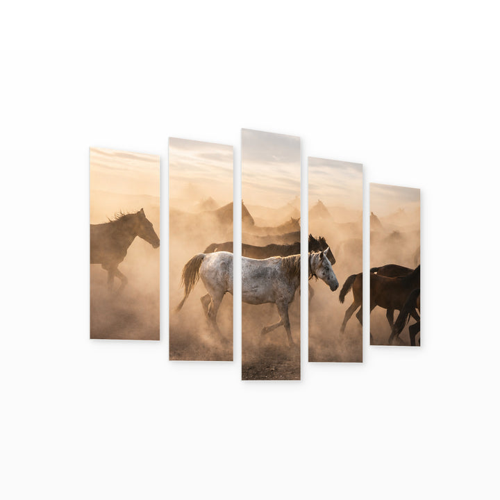 Wild Horses in the Desert in Serene Light — five-panel wall art on white background in perspective | 5wallart 51984 M1