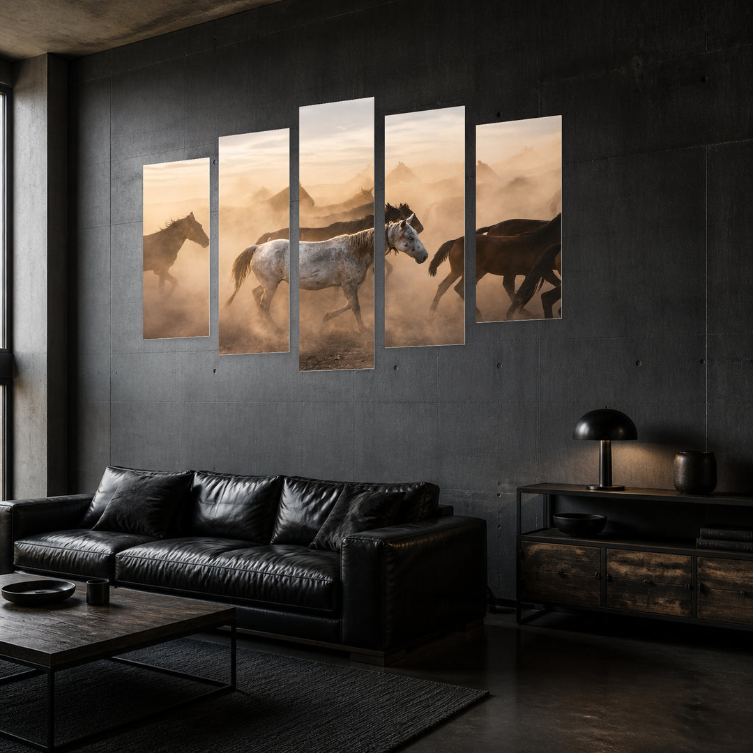 Wild Horses in the Desert in Serene Light — five-panel wall art in perspective interior | 5wallart 51984 M2