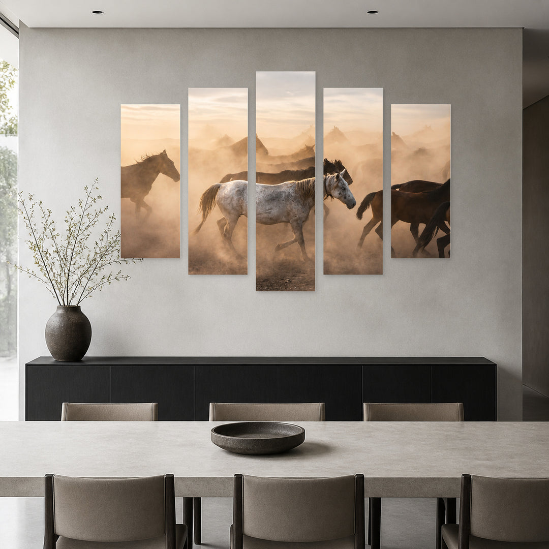 Wild Horses in the Desert in Serene Light — five-panel wall art in frontal interior | 5wallart 51984 M3