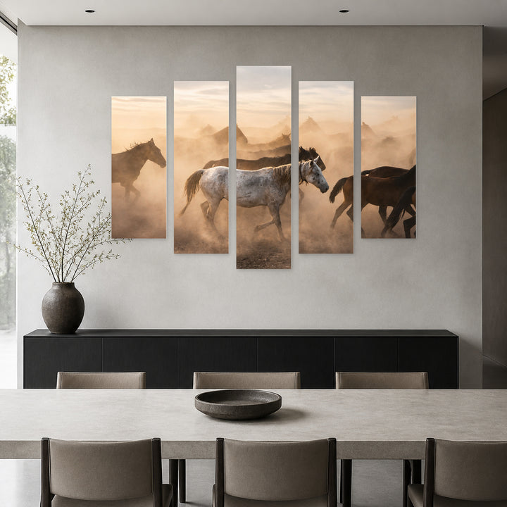 Wild Horses in the Desert in Serene Light — five-panel wall art in frontal interior | 5wallart 51984 M3