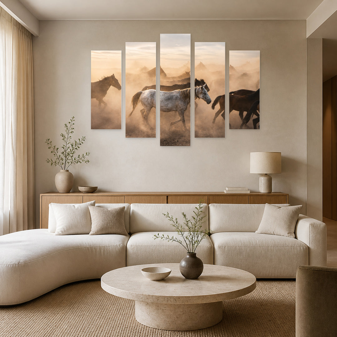Wild Horses in the Desert in Serene Light — five-panel wall art in alternate frontal interior | 5wallart 51984 M4