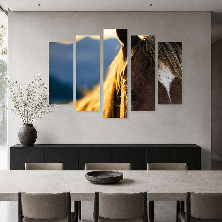 Horse Macro Photo in Blue and Gold — five-panel wall art in frontal interior | 5wallart 51986 M3