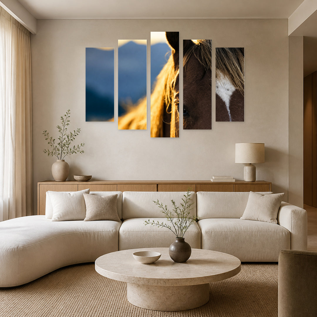 Horse Macro Photo in Blue and Gold — five-panel wall art in alternate frontal interior | 5wallart 51986 M4