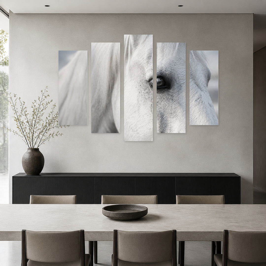 Macro Photo of White Horse with Dreamlike Atmosphere — five-panel wall art in alternate frontal interior | 5wallart 51987 M4