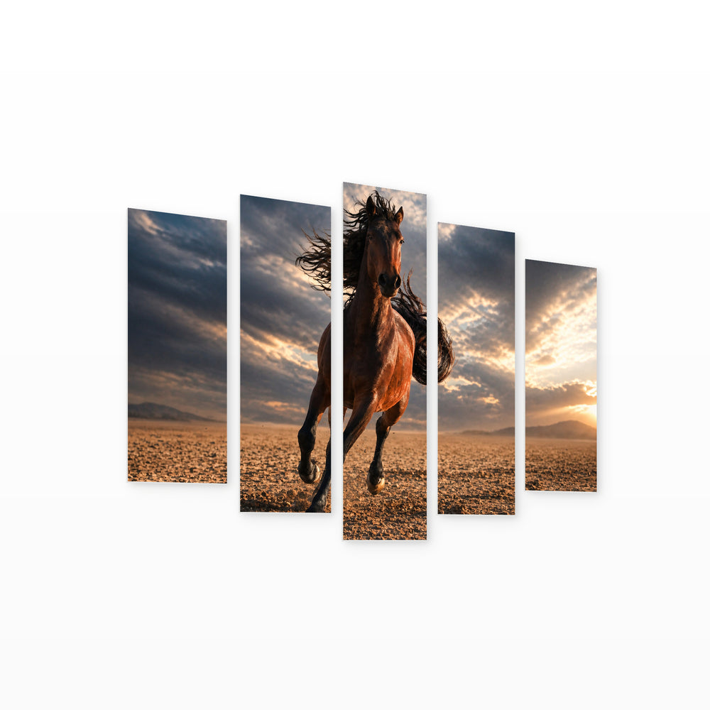 Running Horse with Long Mane with Dramatic Contrast — five-panel wall art on white background in perspective | 5wallart 51994 M1