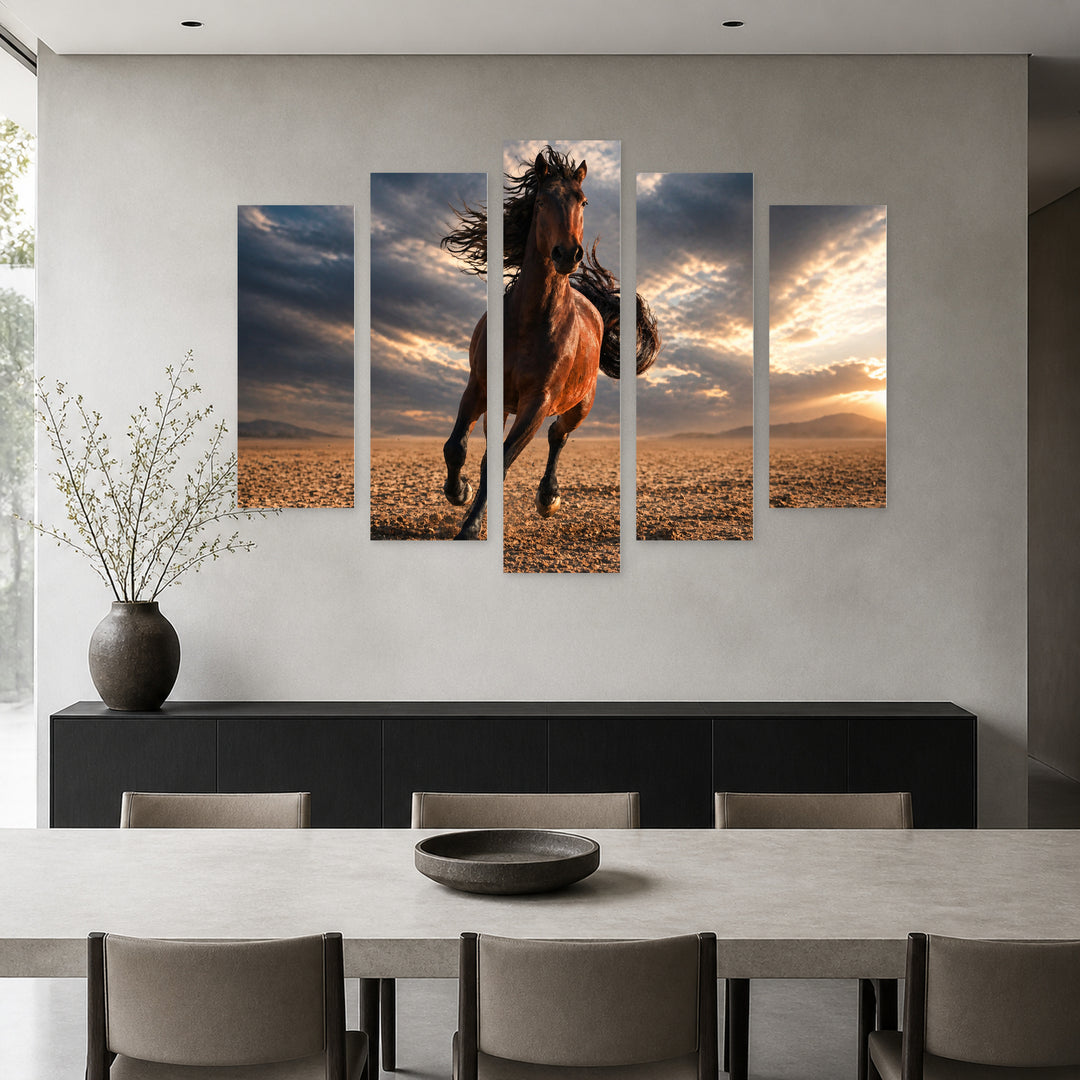 Running Horse with Long Mane with Dramatic Contrast — five-panel wall art in frontal interior | 5wallart 51994 M3