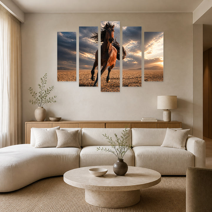 Running Horse with Long Mane with Dramatic Contrast — five-panel wall art in alternate frontal interior | 5wallart 51994 M4
