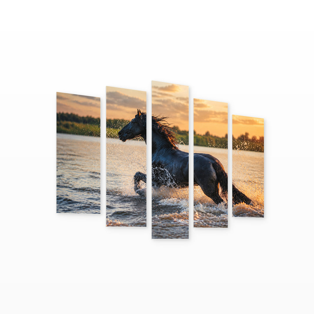 Portrait of a Horse in Water Wildlife Portrait — five-panel wall art on white background in perspective | 5wallart 51995 M1