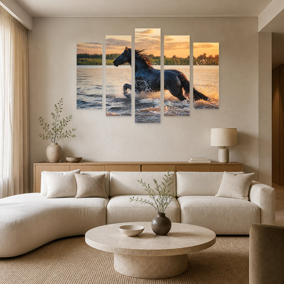 Portrait of a Horse in Water Wildlife Portrait — five-panel wall art in frontal interior | 5wallart 51995 M3