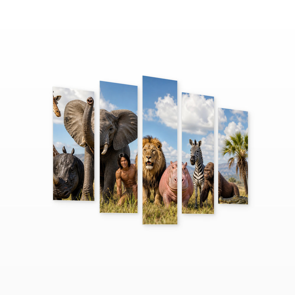 Funny African Animals Wildlife Portrait — five-panel wall art on white background in perspective | 5wallart 52004 M1