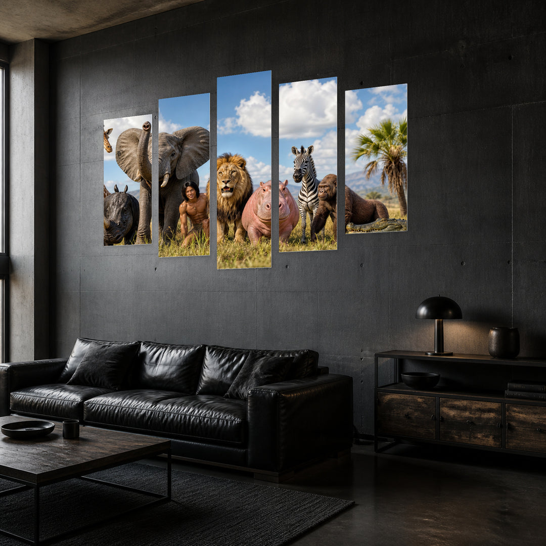 Funny African Animals Wildlife Portrait — five-panel wall art in perspective interior | 5wallart 52004 M2