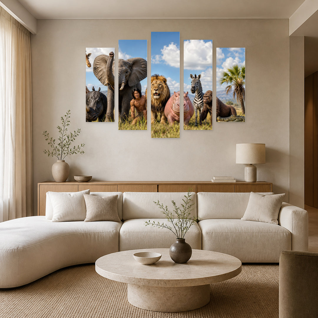 Funny African Animals Wildlife Portrait — five-panel wall art in alternate frontal interior | 5wallart 52004 M4
