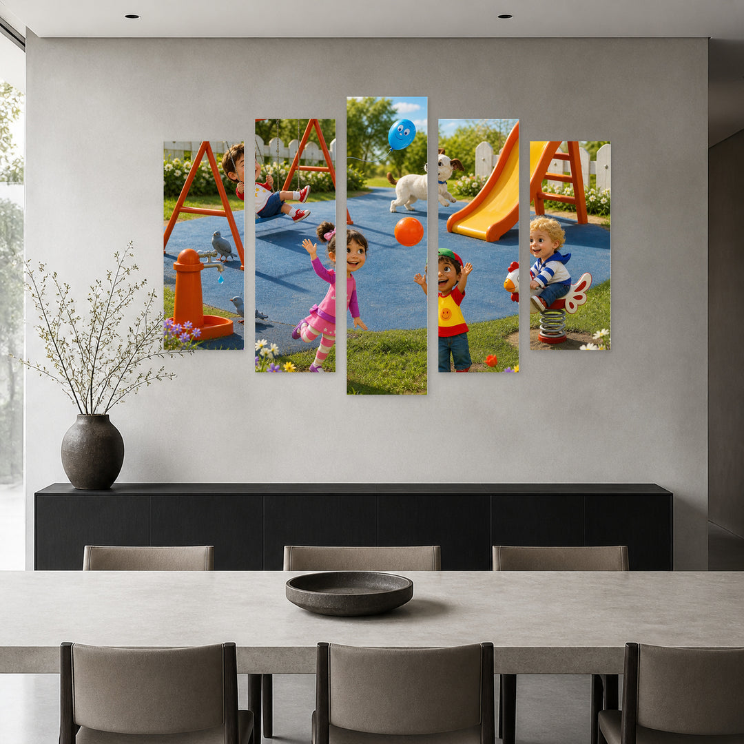 Playground Playful Illustration — five-panel wall art in alternate frontal interior | 5wallart 52005 M4