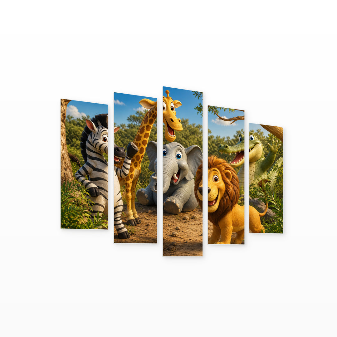 Animated Animals in Blue and Gold — five-panel wall art on white background in perspective | 5wallart 52006 M1