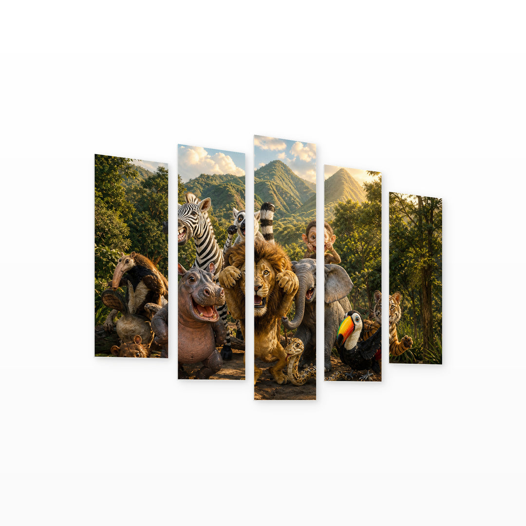 Jungle Animals in Serene Light — five-panel wall art on white background in perspective | 5wallart 52007 M1