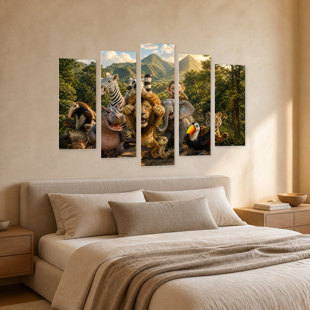 Jungle Animals in Serene Light — five-panel wall art in perspective interior | 5wallart 52007 M2