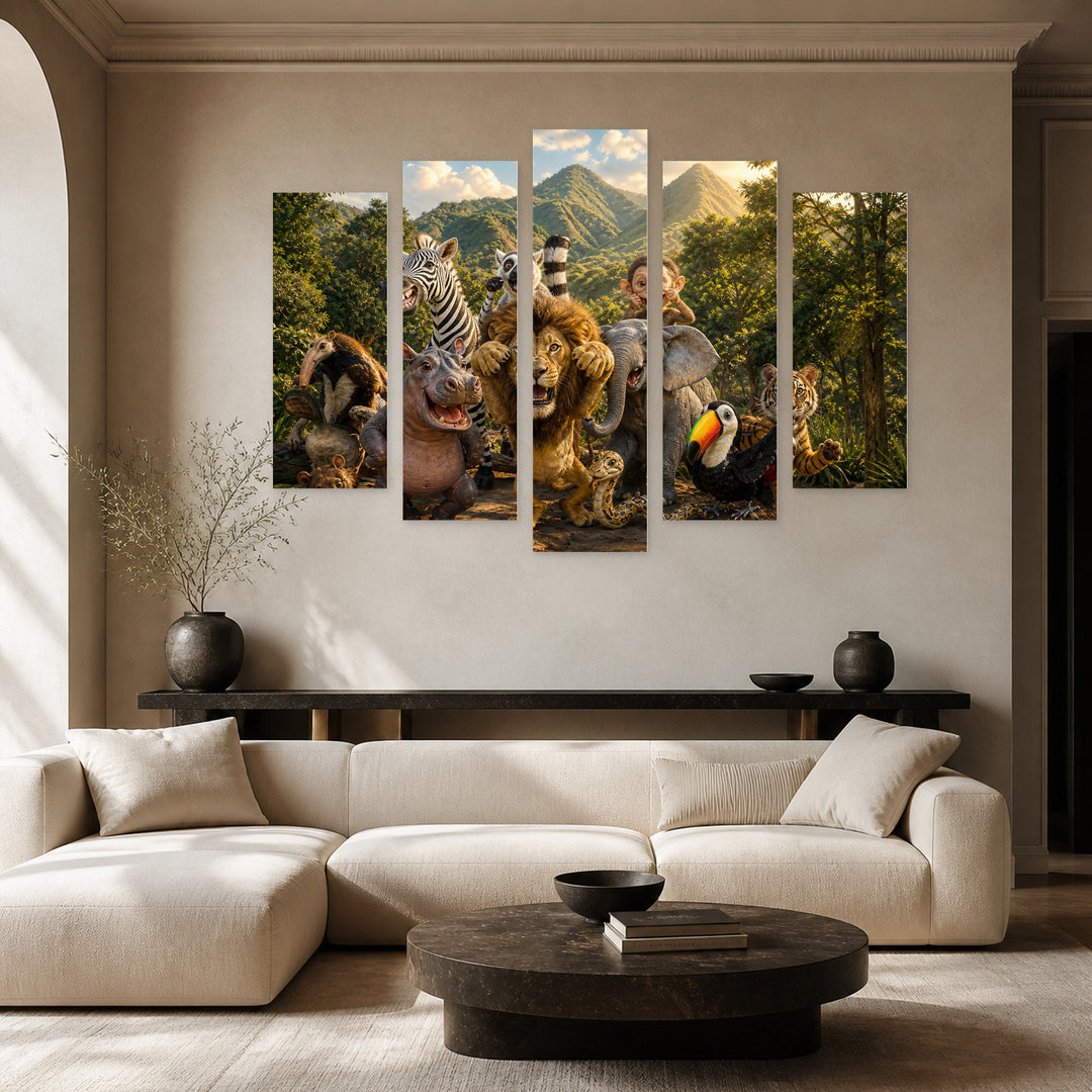 Jungle Animals in Serene Light — five-panel wall art in frontal interior | 5wallart 52007 M3