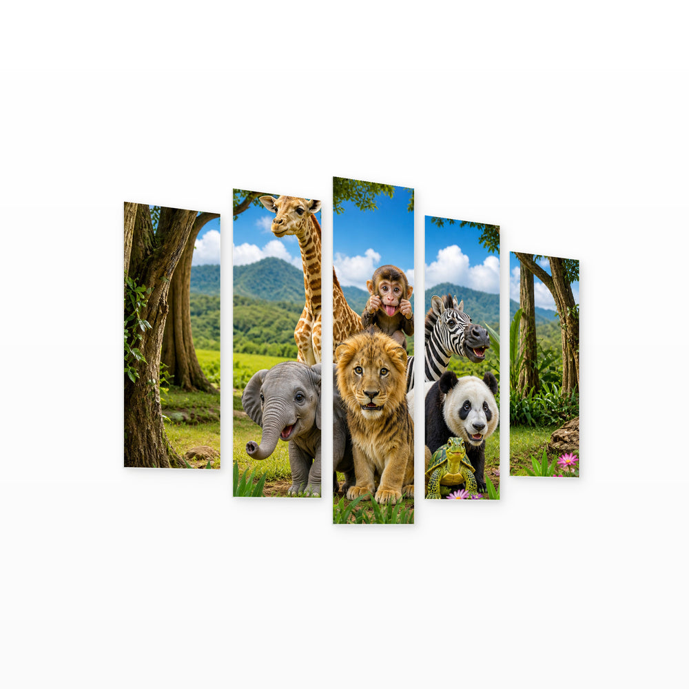 Jungle Animals 2 in Vivid Color — five-panel wall art on white background in perspective | 5wallart 52008 M1